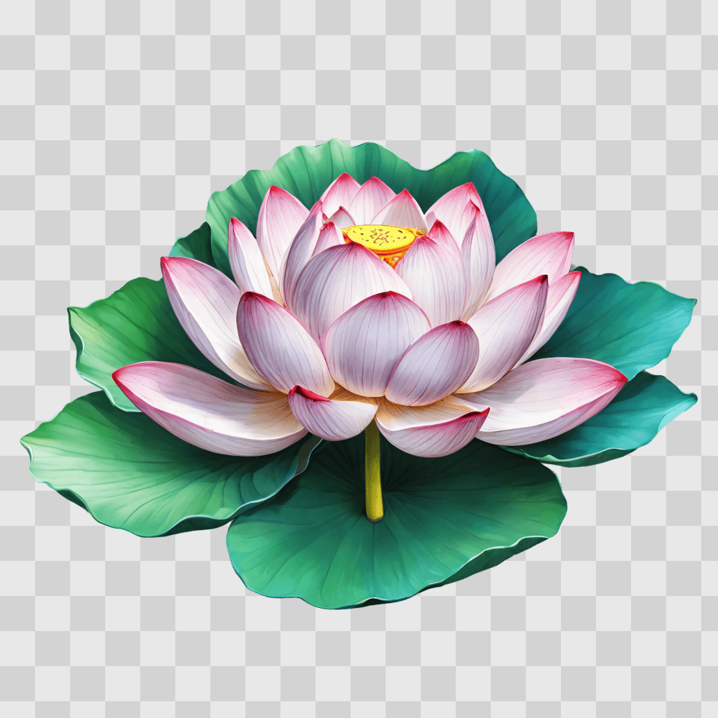 lotus flower drawing A pink flower with yellow center surrounded by green leaves