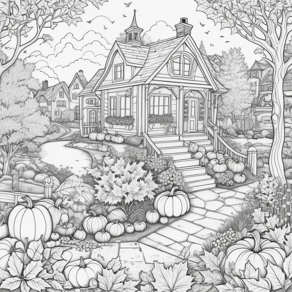 lovely autumn coloring page with a house and pumpkins