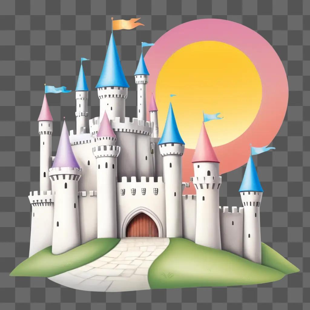 lovely castle drawing for kids with a sun and flags