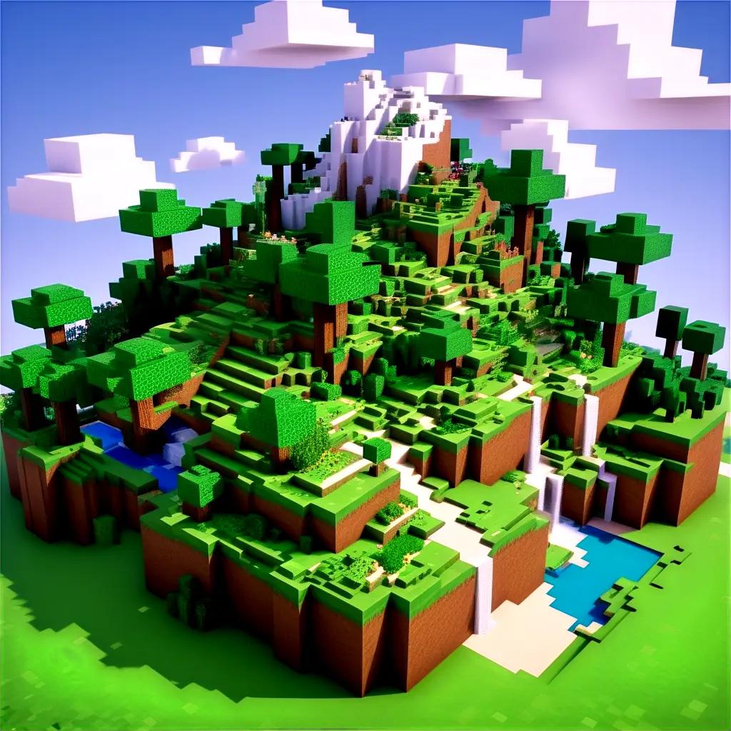 lush, 3D Minecraft world with a mountain and waterfall