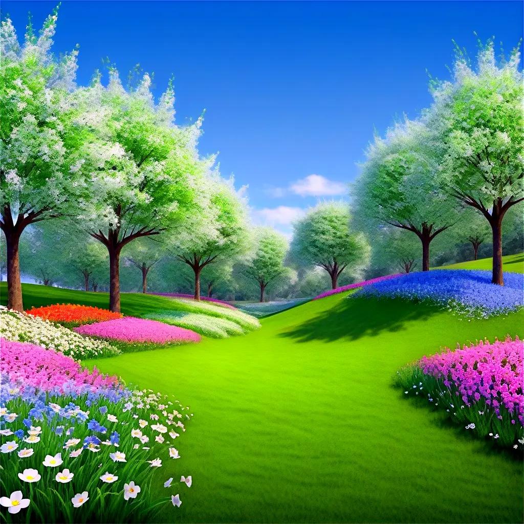 lush garden scene with spring colors and trees