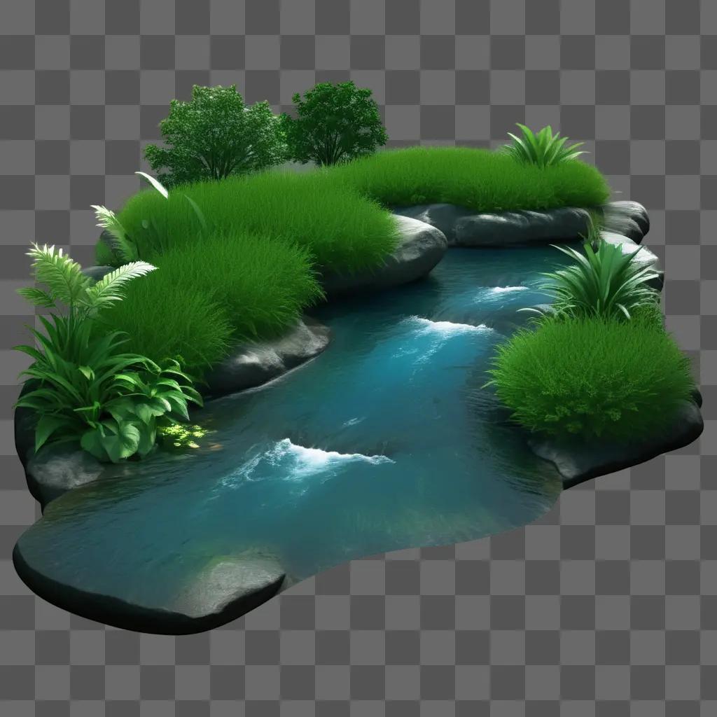 lush garden with a small, blue river flowing through it