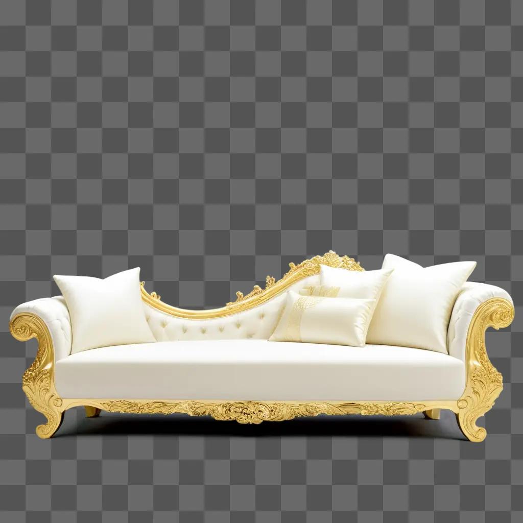 luxurious gold-accented couch sits on a beige wall