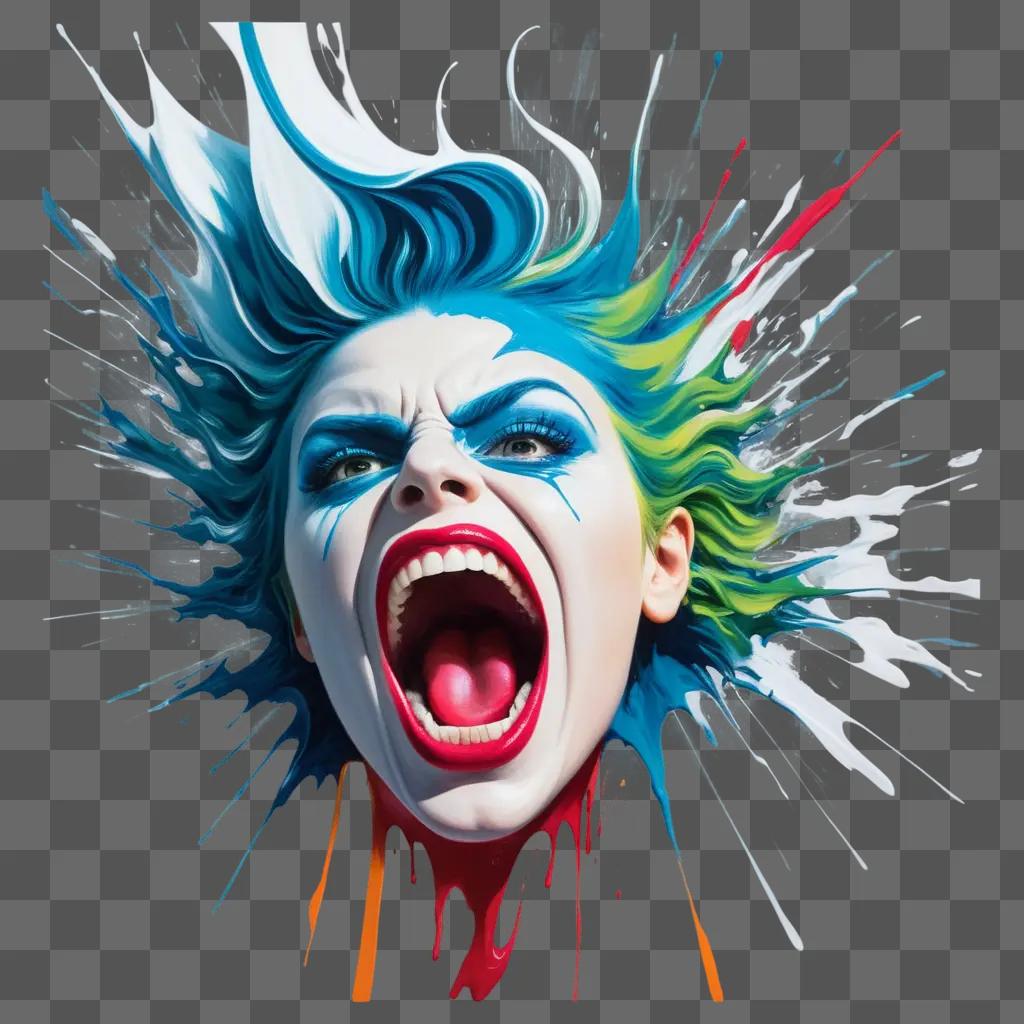 mad artists painting of a screaming woman with blue hair