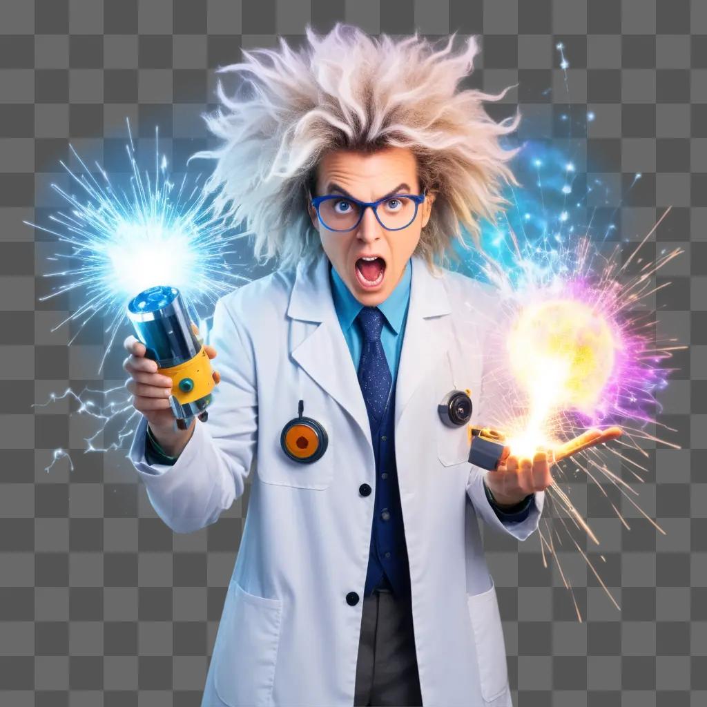 mad scientist holds a light-up gadget