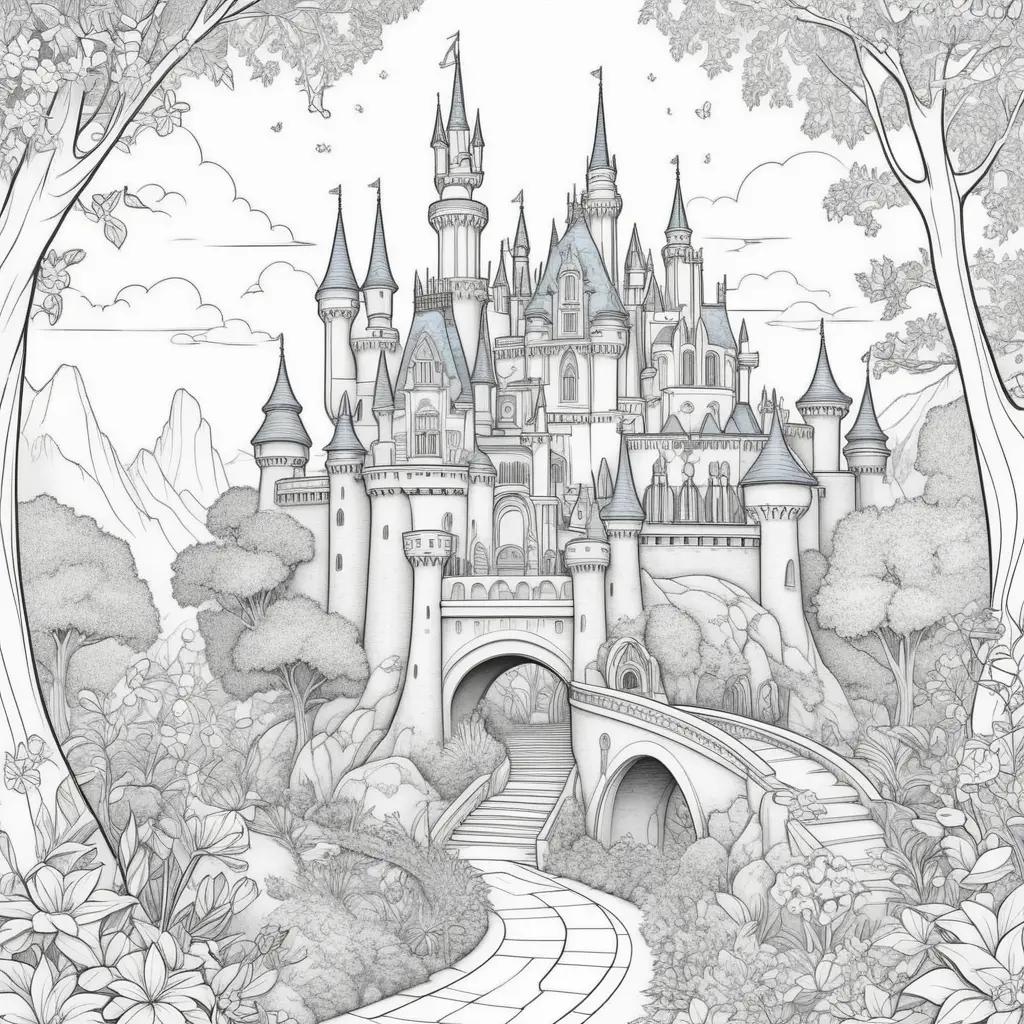 magical castle with trees and flowers in a coloring book