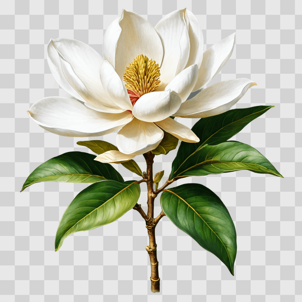 magnolia flower drawing A large white flower with green leaves and stem