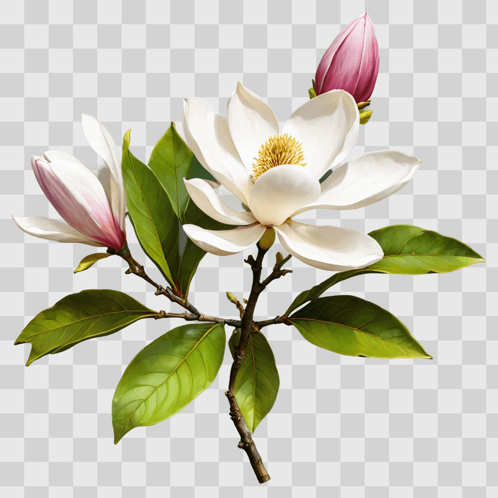 magnolia flower drawing A white and pink flower with green leaves