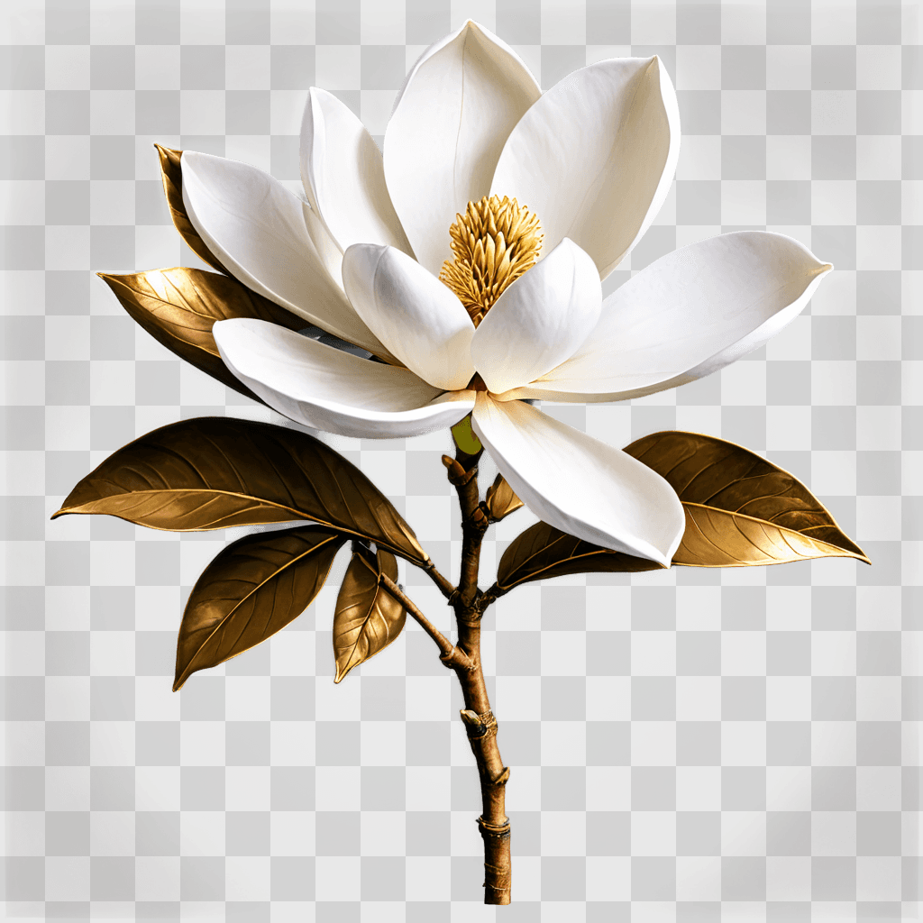 magnolia flower drawing A white flower with gold leaves against a blurred background