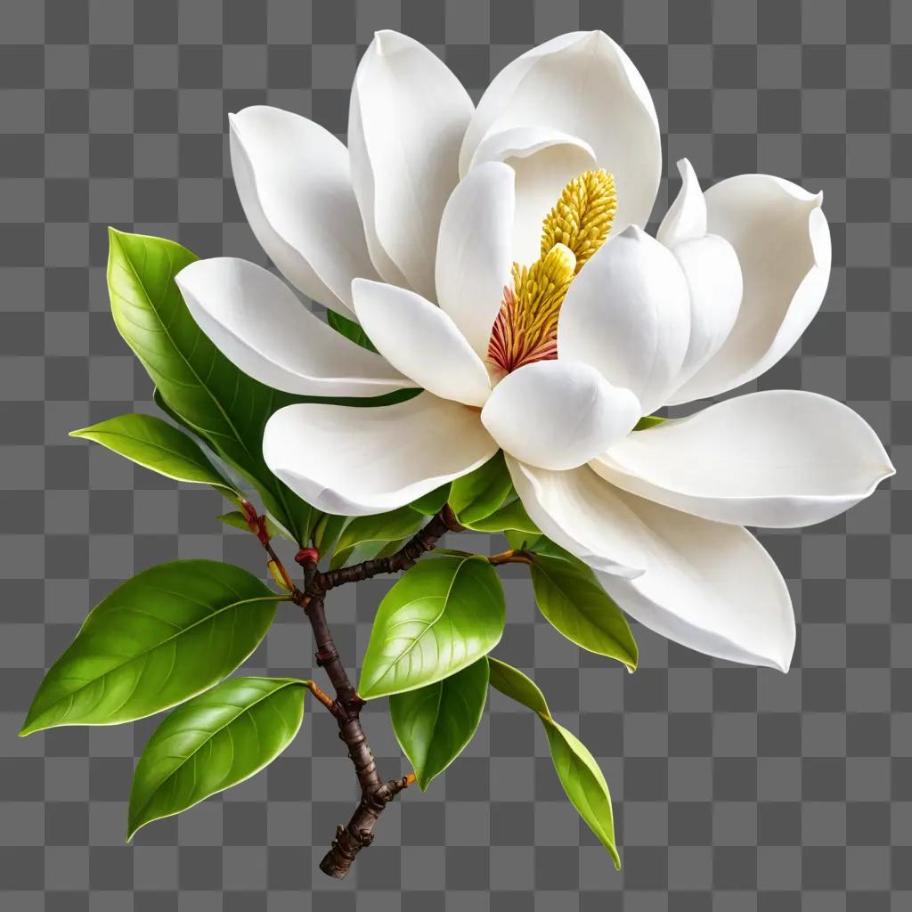 magnolia flower drawing A white flower with green leaves on a green background