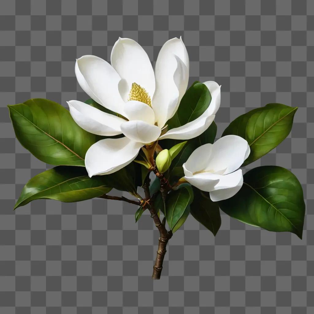 magnolia flower drawing A white flower with green leaves on a green background