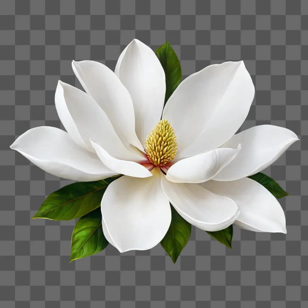 magnolia flower drawing A white flower with green leaves on a white background