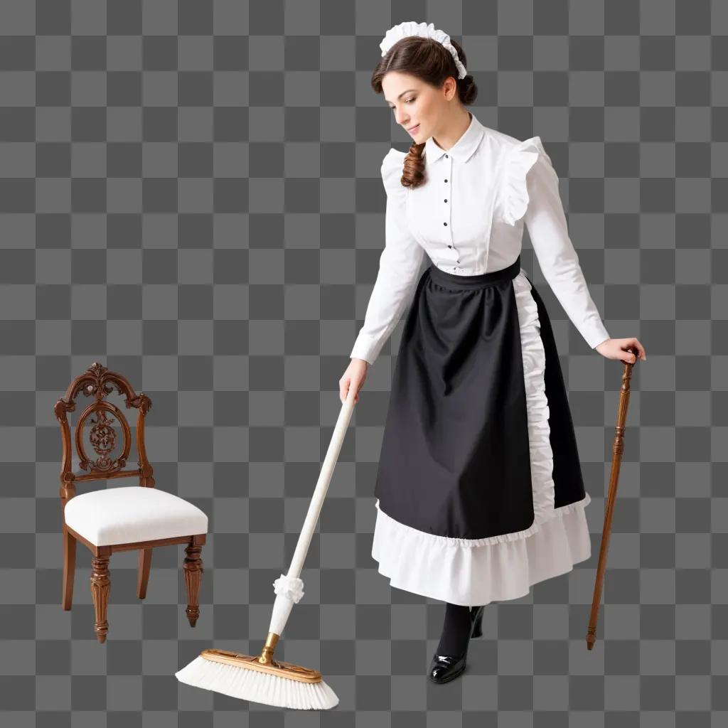 maid in a black dress is sweeping the floor