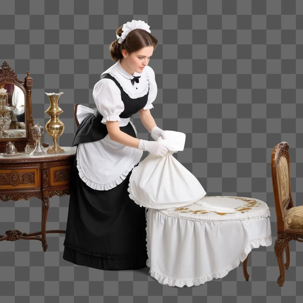 maid in black and white is cleaning a table