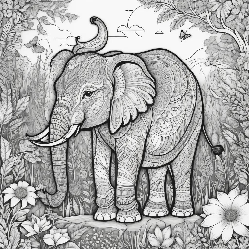 majestic elephant in a forest setting on adult coloring pages