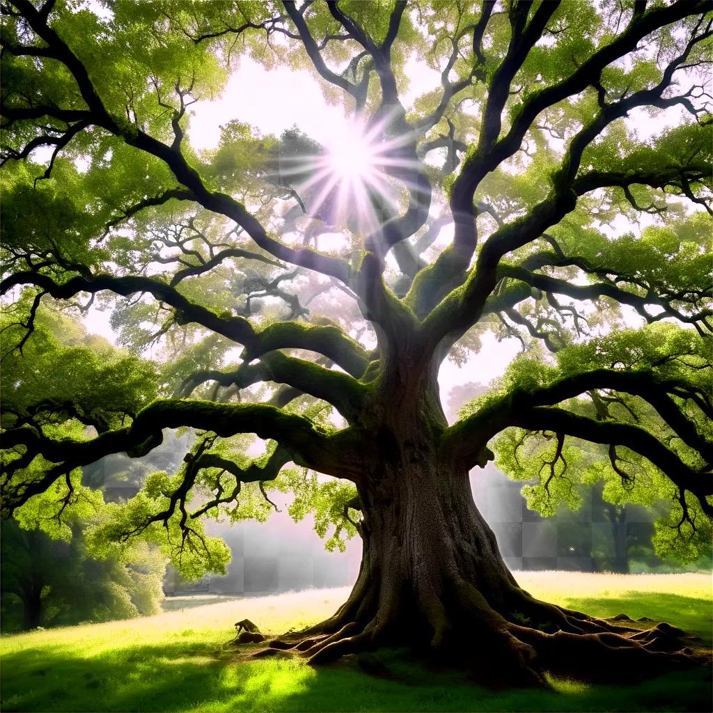 majestic oak tree with a bright sun shining on it