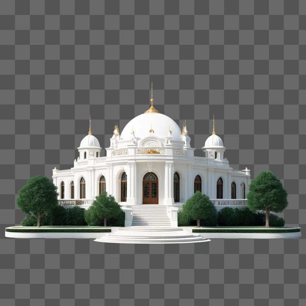 majestic white building with gold accents and green trees