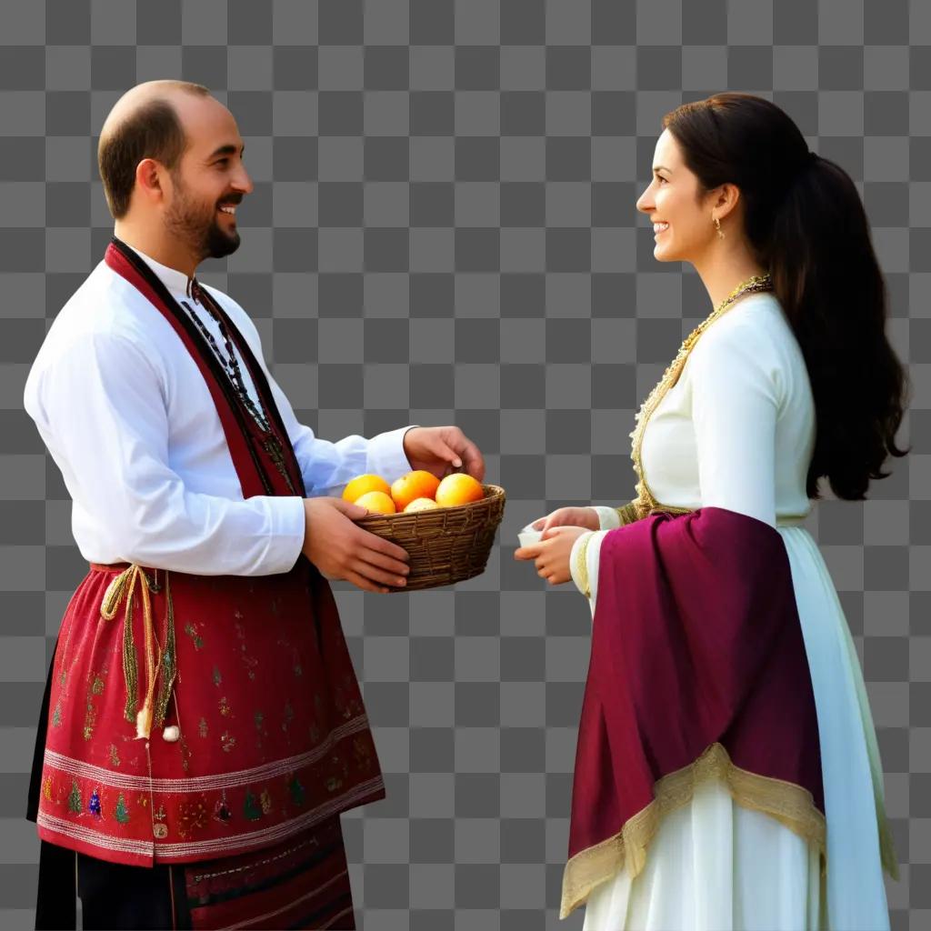 man and a woman holding a basket of oranges