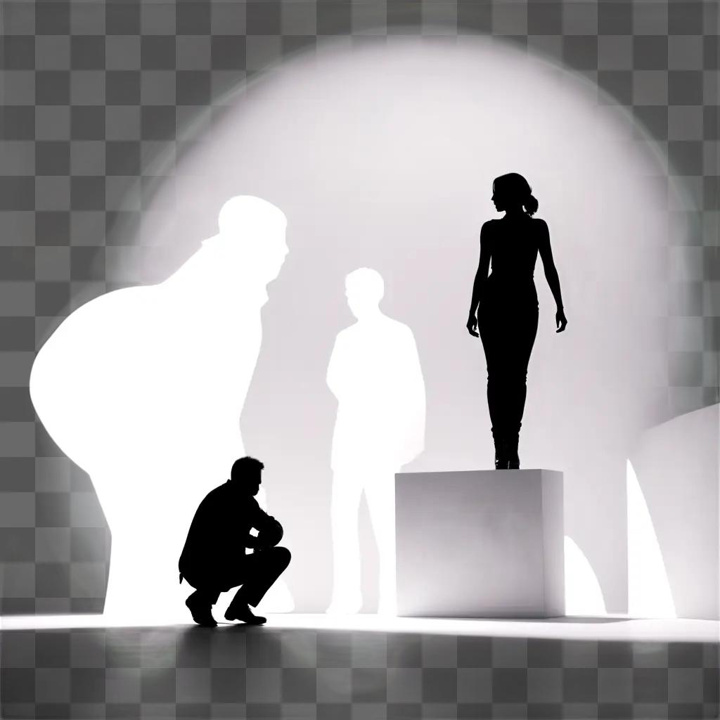 man and woman are silhouetted on a stage