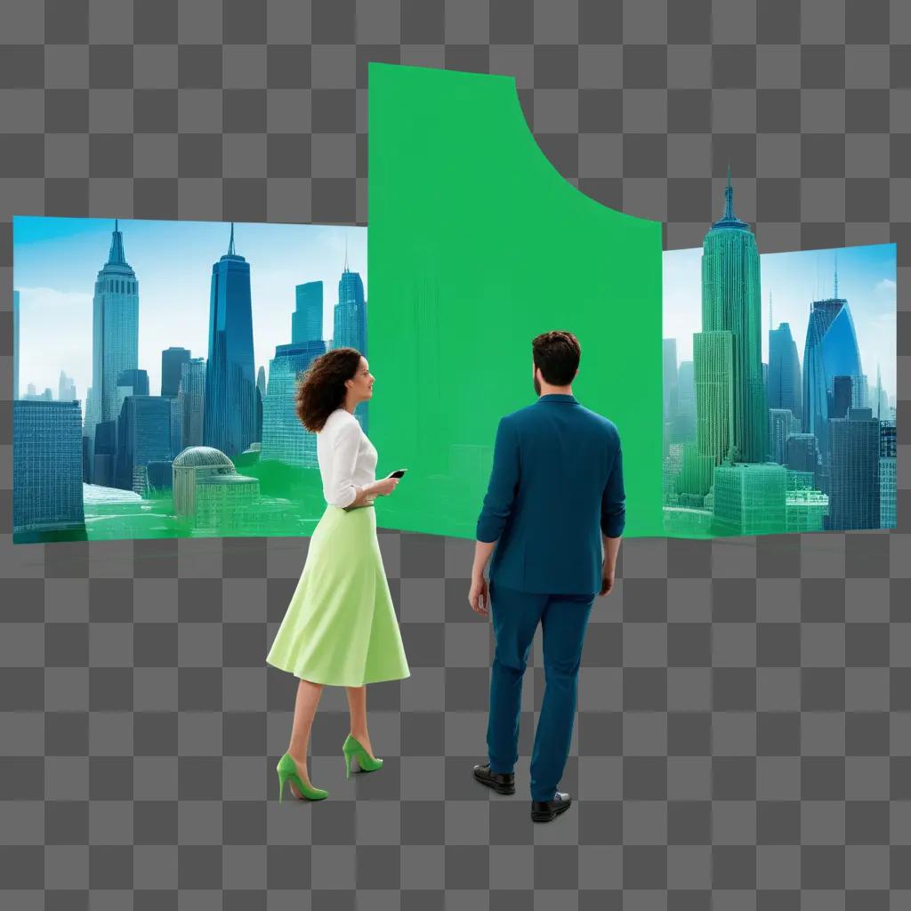 man and woman in green outfits stand on a green screen