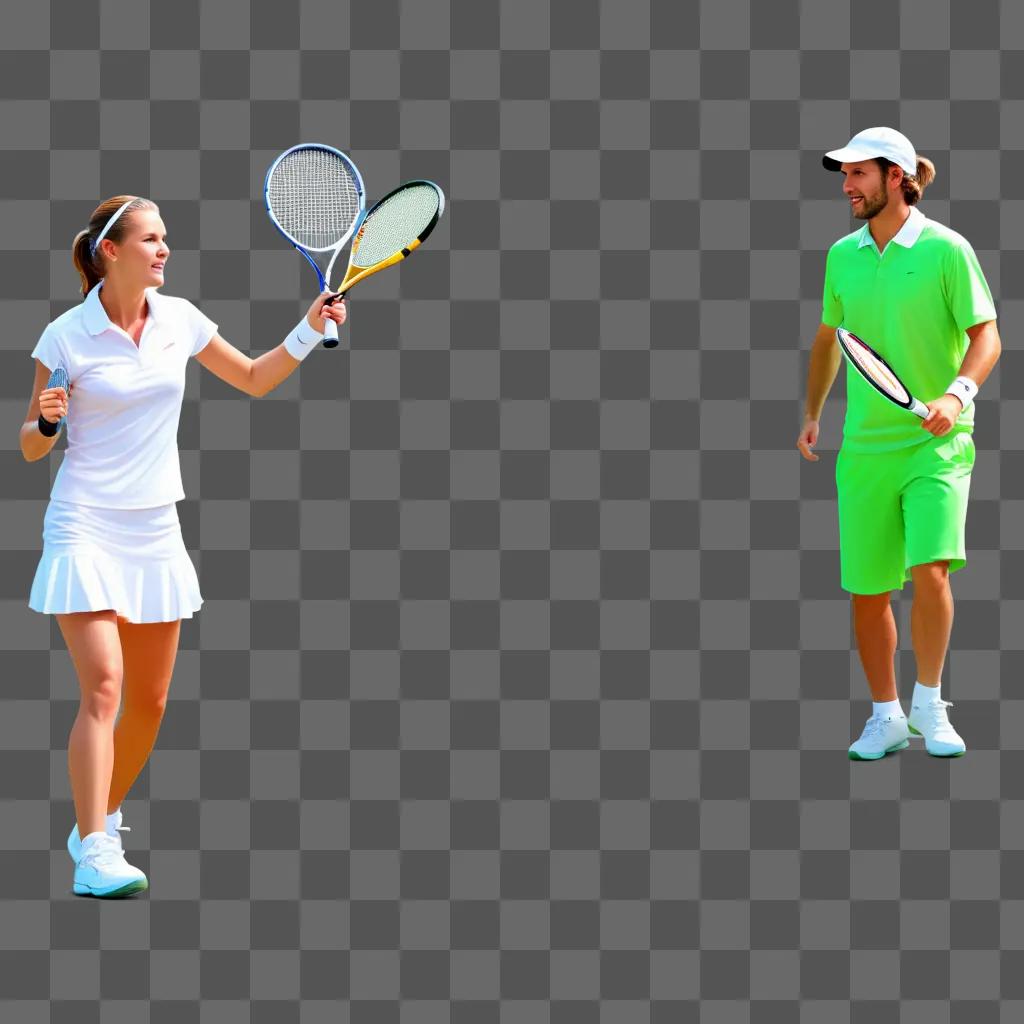 テニスの衣装を着た男性と女性がテニスをします