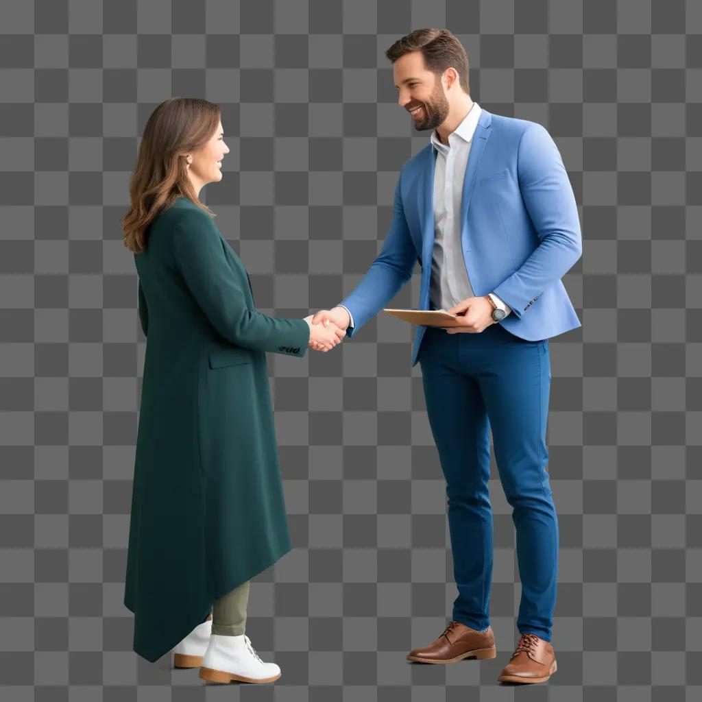 man and woman shake hands in a blurry image