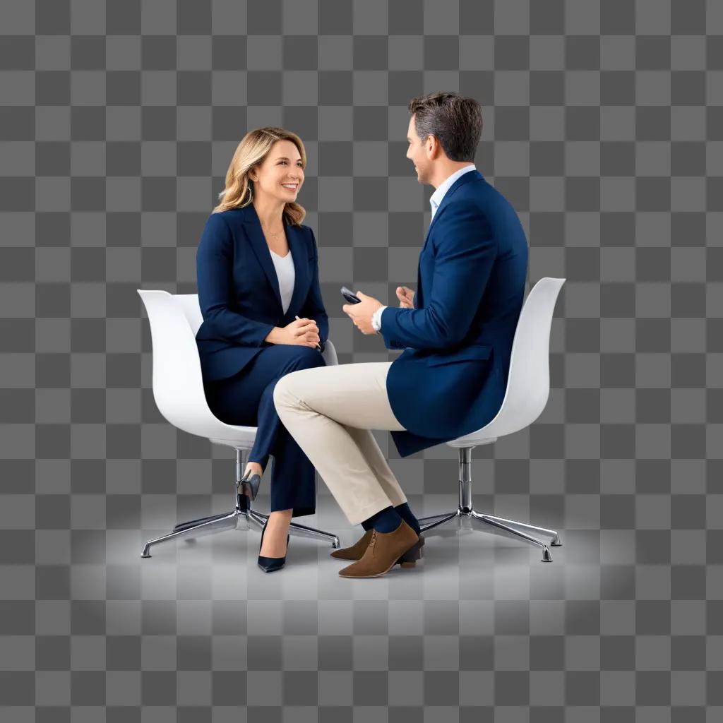 man and woman sit in chairs and talk