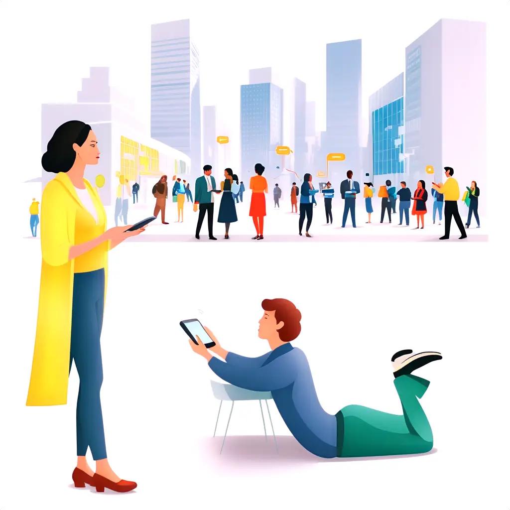 man and woman using cell phones in a busy city