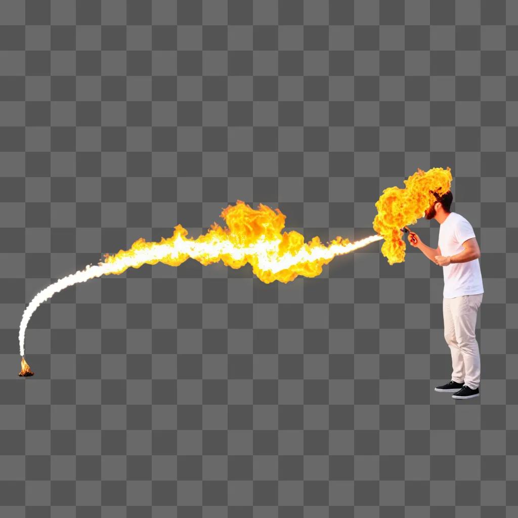 man breathing fire in a white shirt