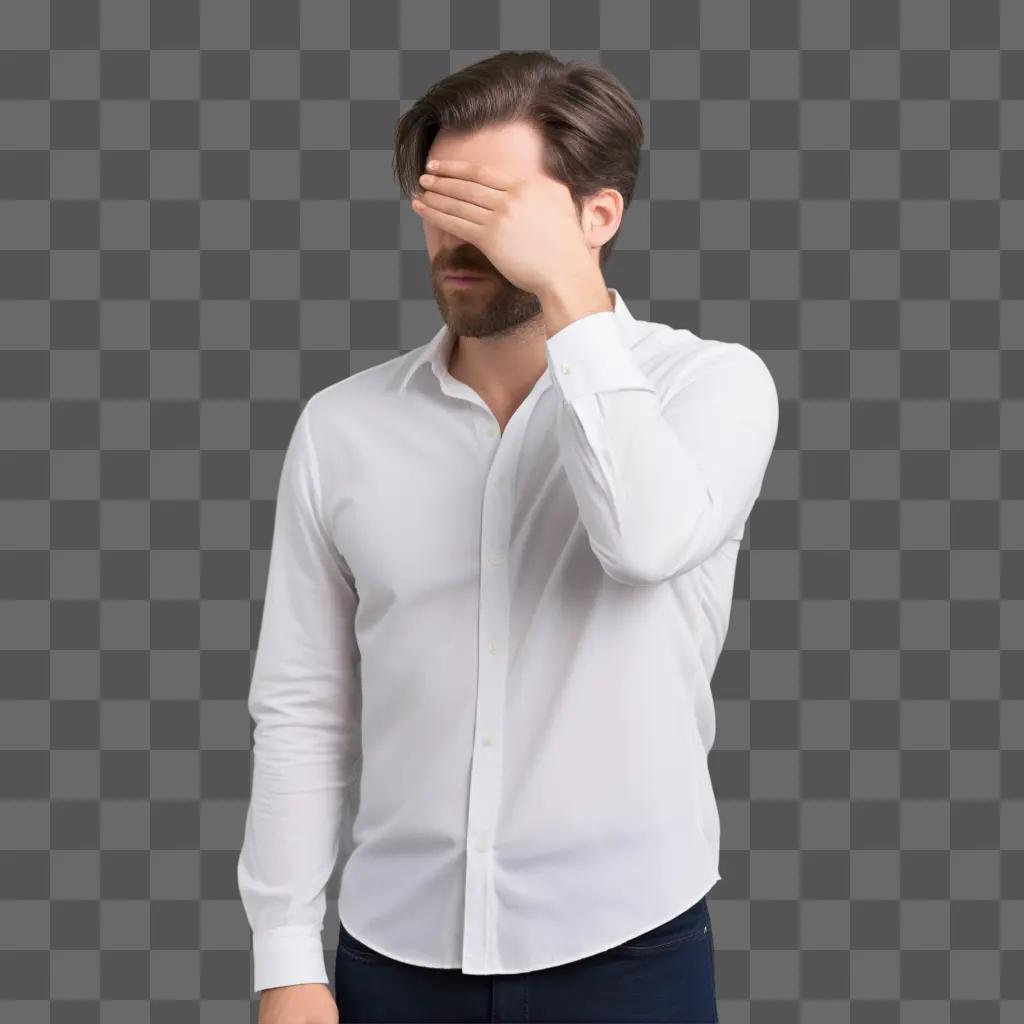 man covers his eyes while holding a glass of wine