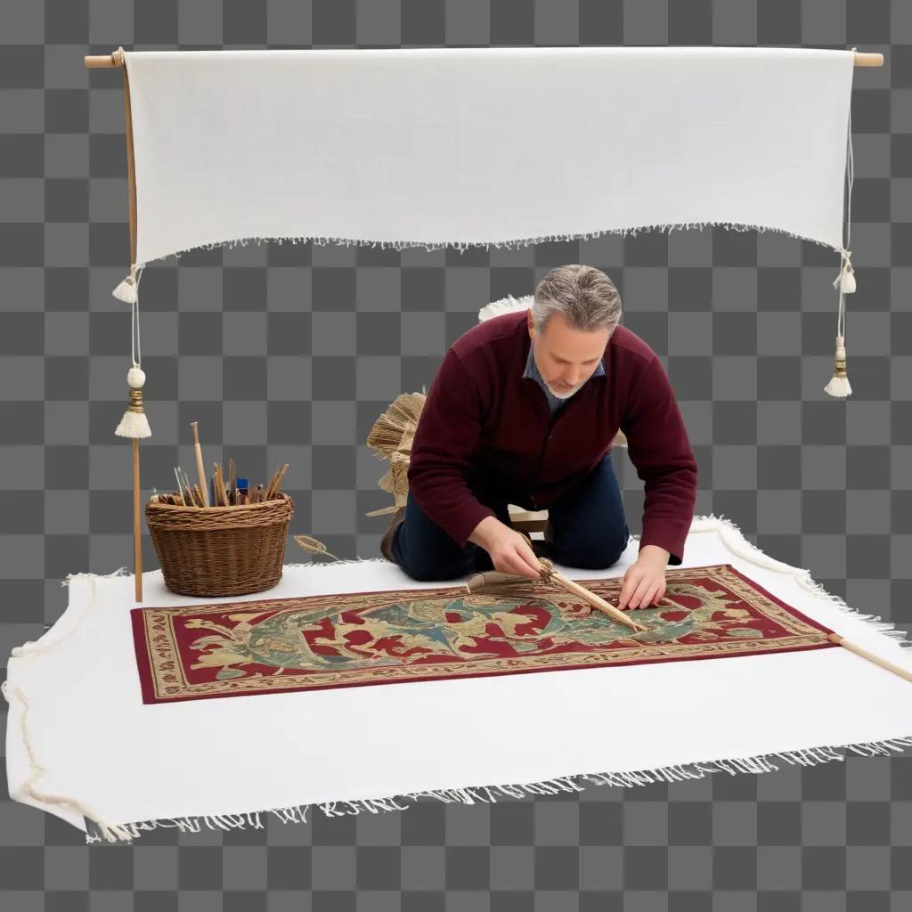 物資の入った籠で東洋の絨毯を作る男