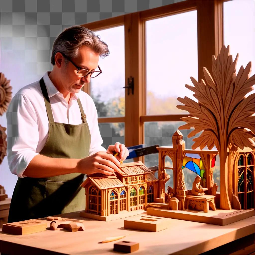 屋外で木彫りを作る男