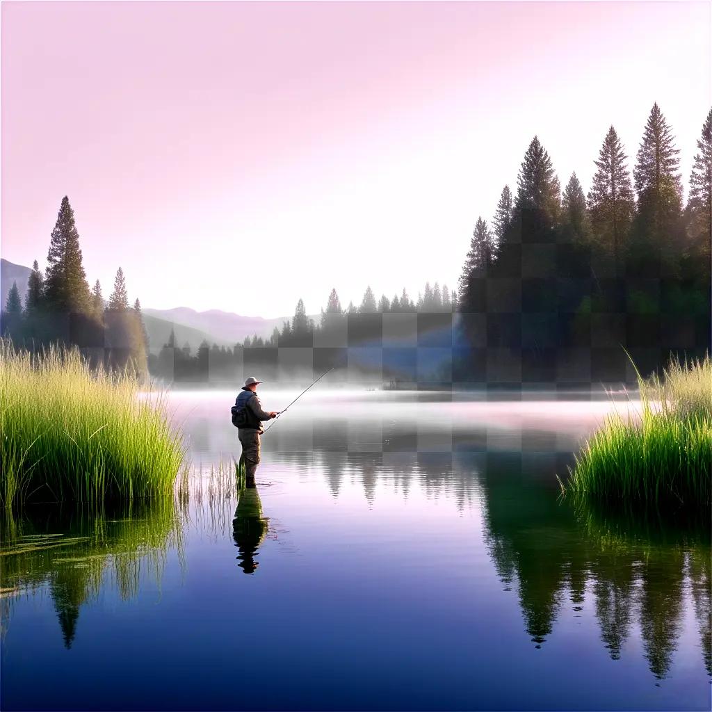 man fishes from a calm lake with mist