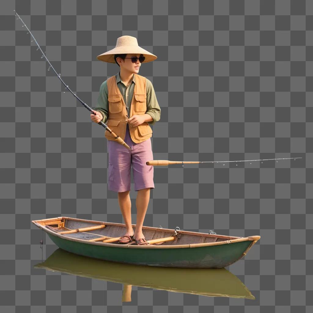 man fishing in a boat with a pole and a net