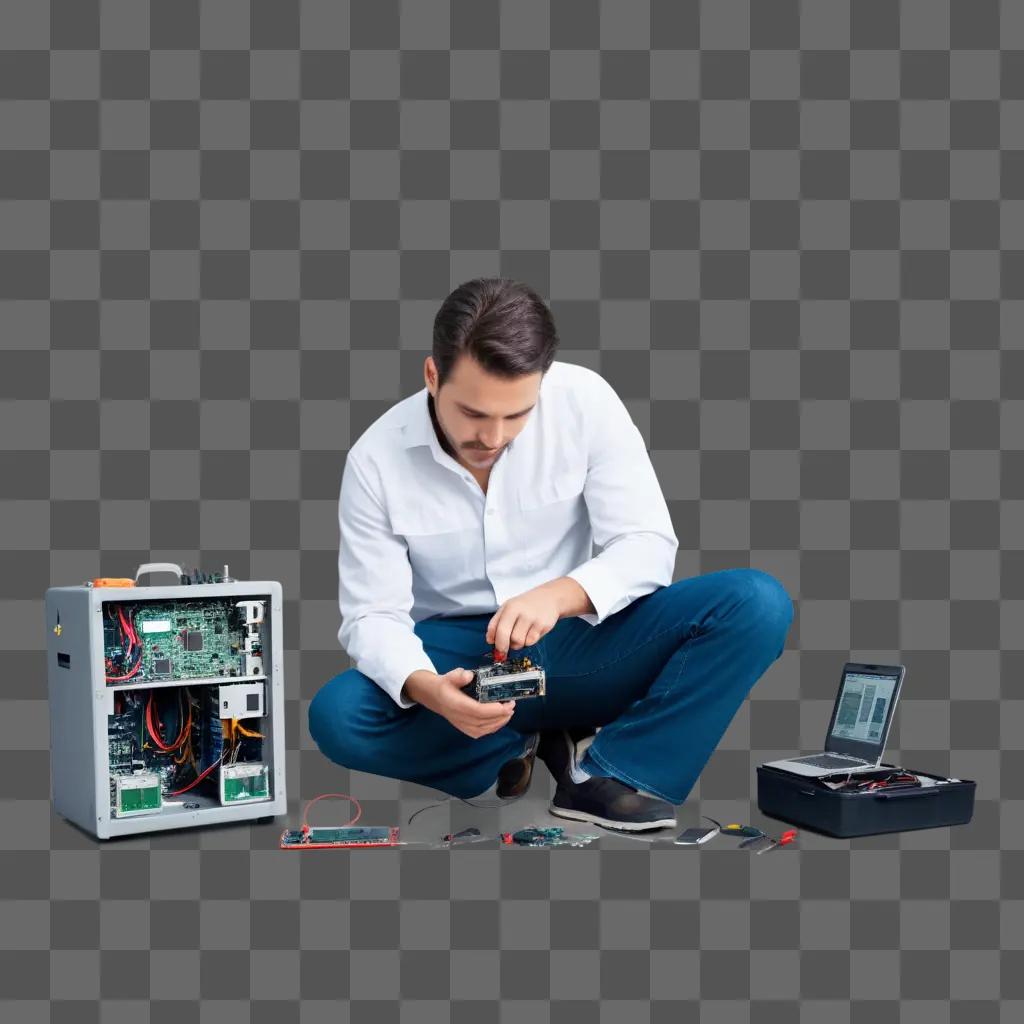 man fixes a circuit board on the floor