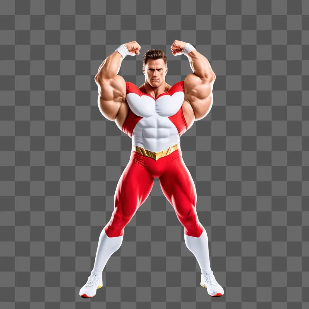 赤と白のボディスーツで筋肉を曲げる男