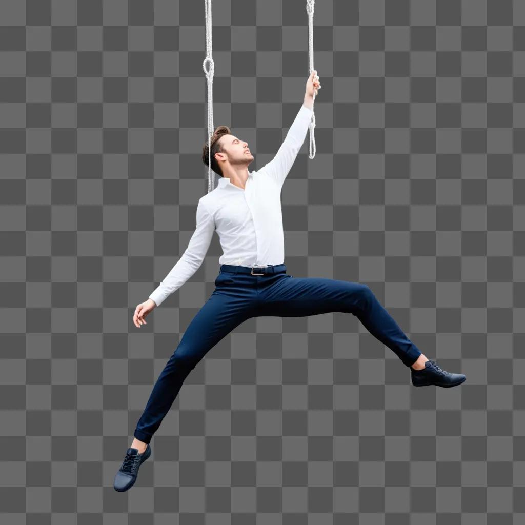 man hangs from a rope in a studio