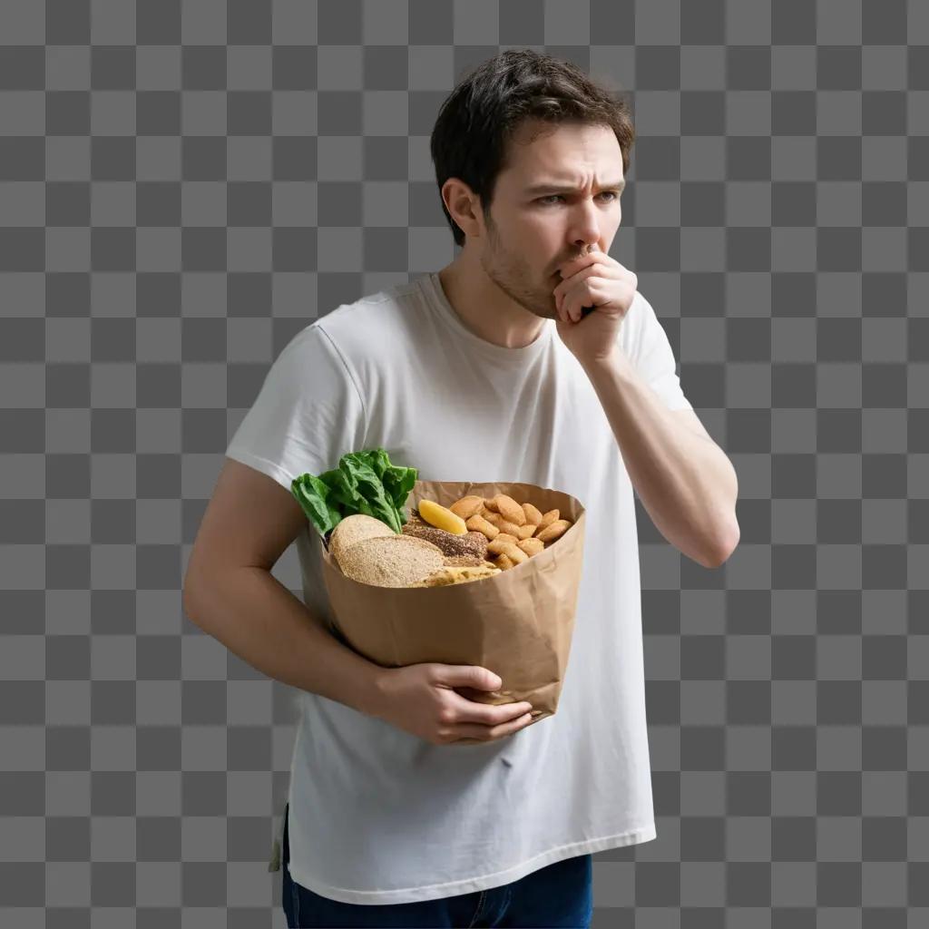 man holding a bag of groceries while feeling hungry