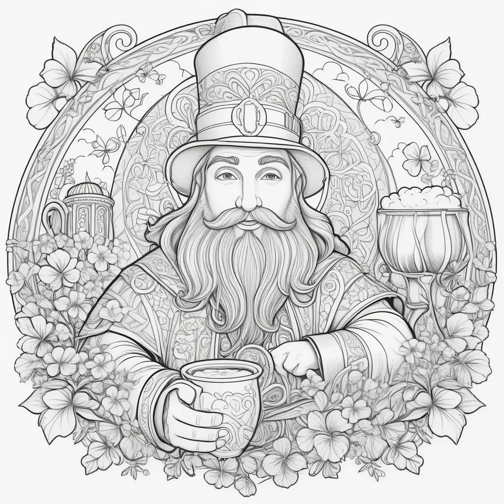 man holding a cup of coffee and a flower pot on a Saint Patricks Day coloring page