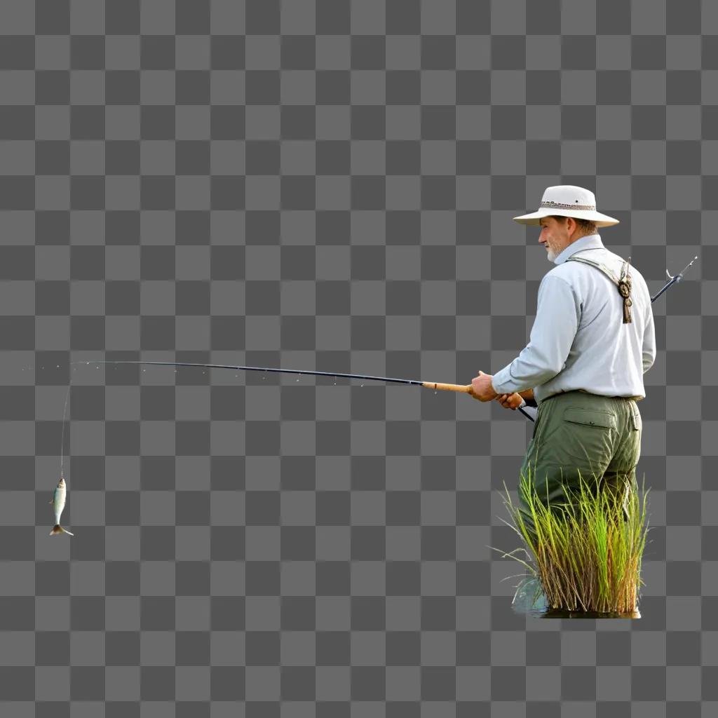 man holding a fishing pole in the grass