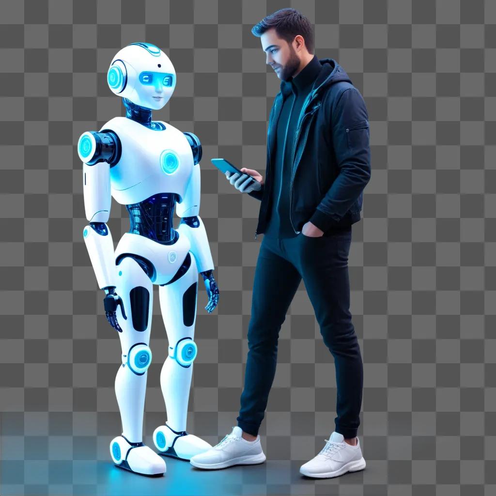 man holding a phone with a robot next to him