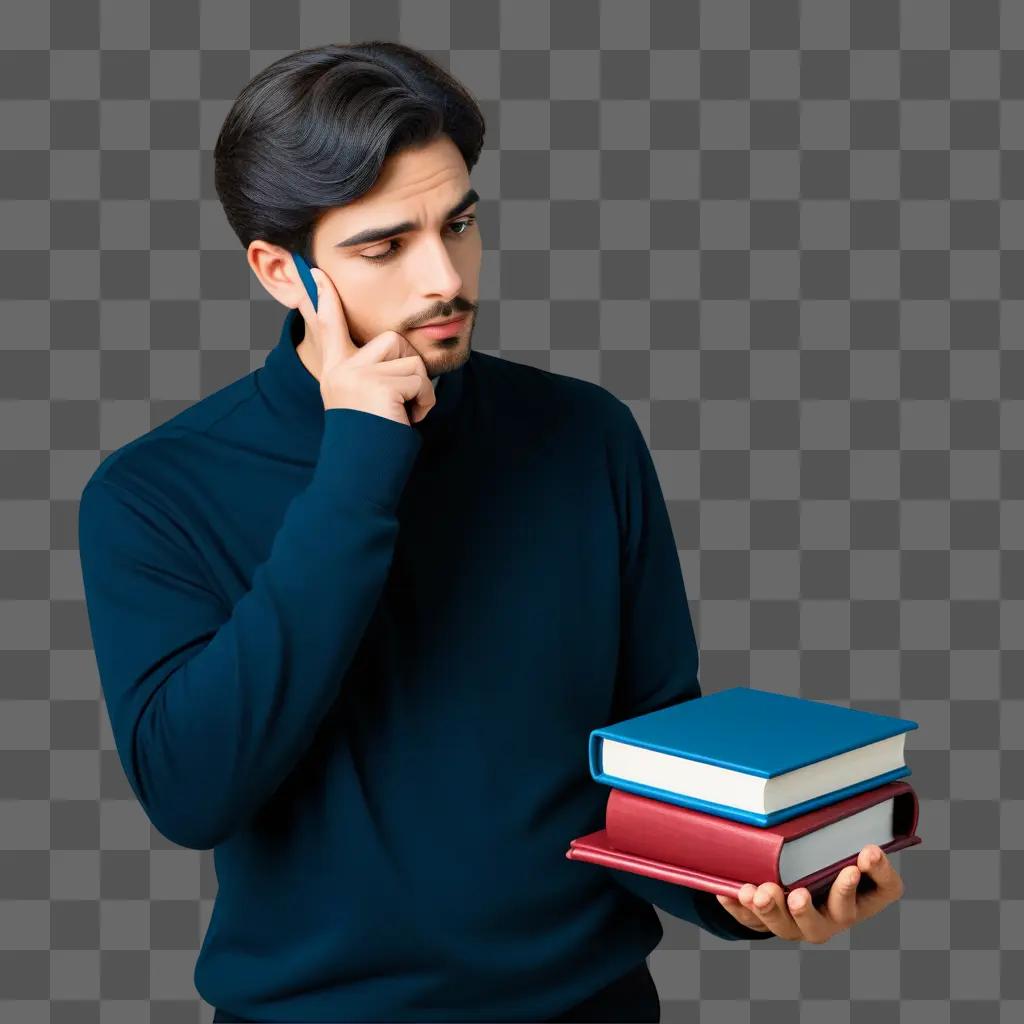 man holding books with a thoughtful expression