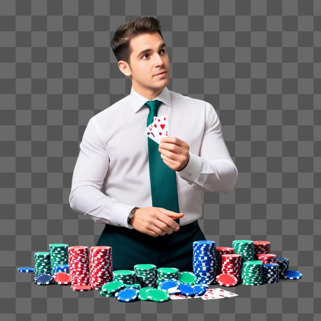 man holds cards and coins, posing for a picture