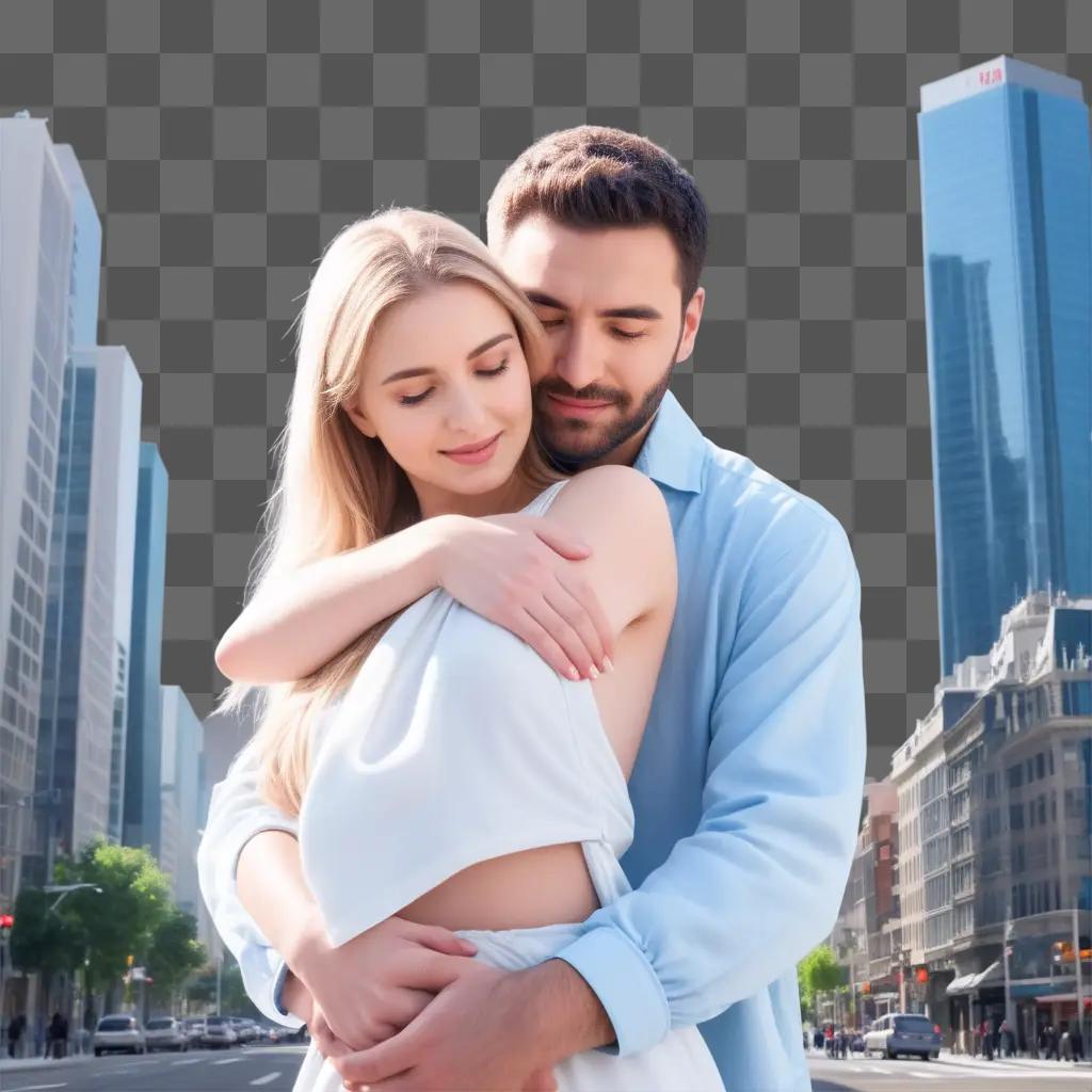 man hugs a woman in a city street