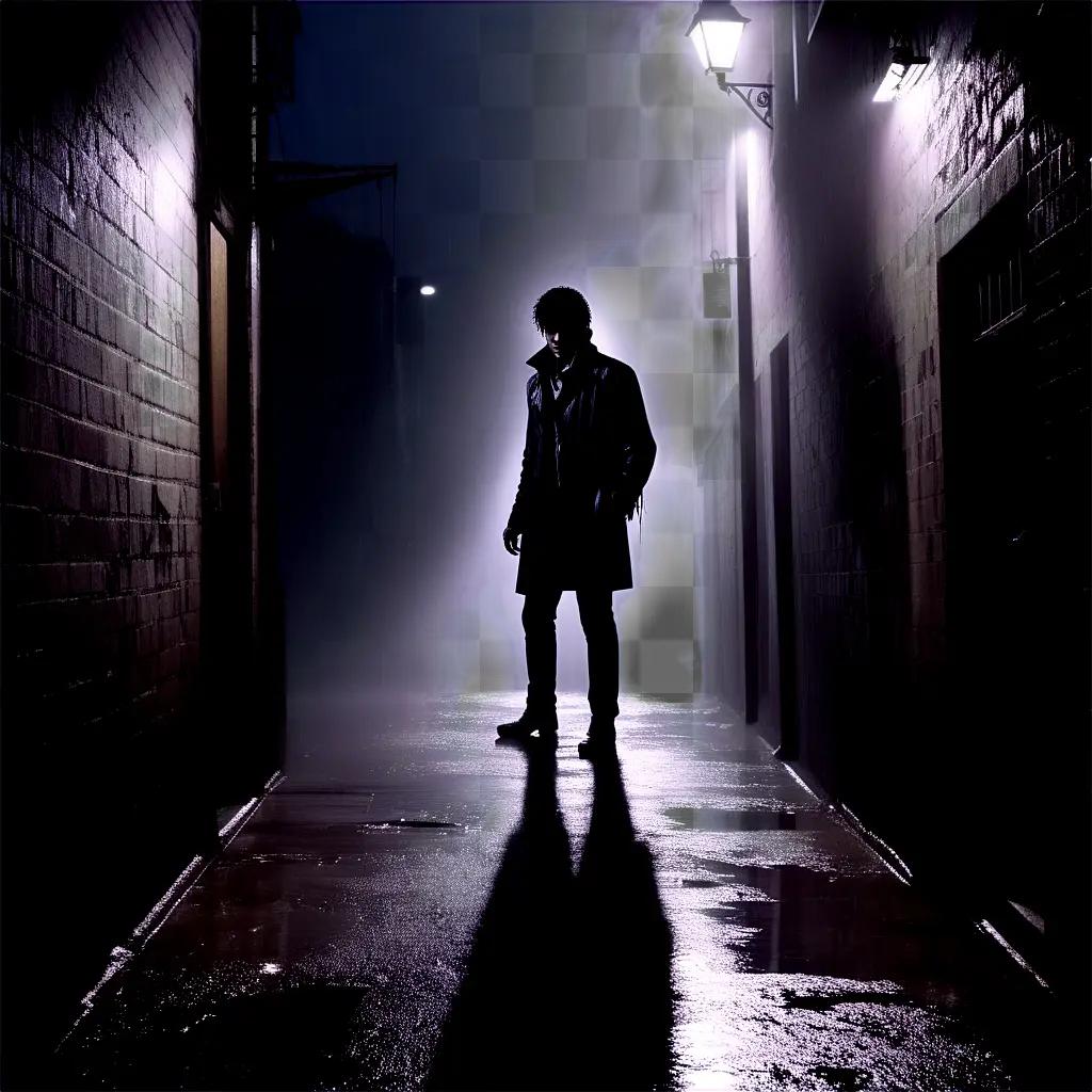 man in a black coat stands in a dark alley