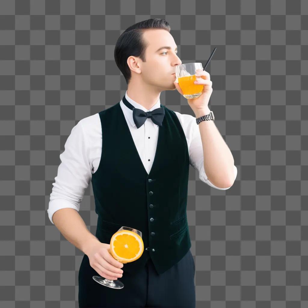 man in a black vest with a gingham tie and a black bow tie drinking a cocktail