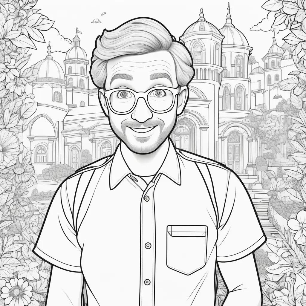 man in a blippi coloring page with a castle in the background