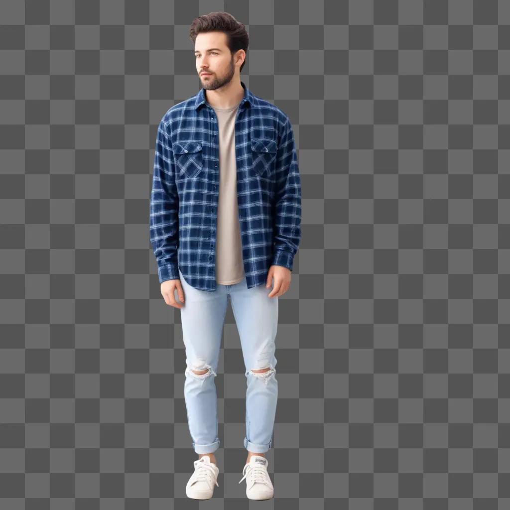 man in a blue flannel shirt stands