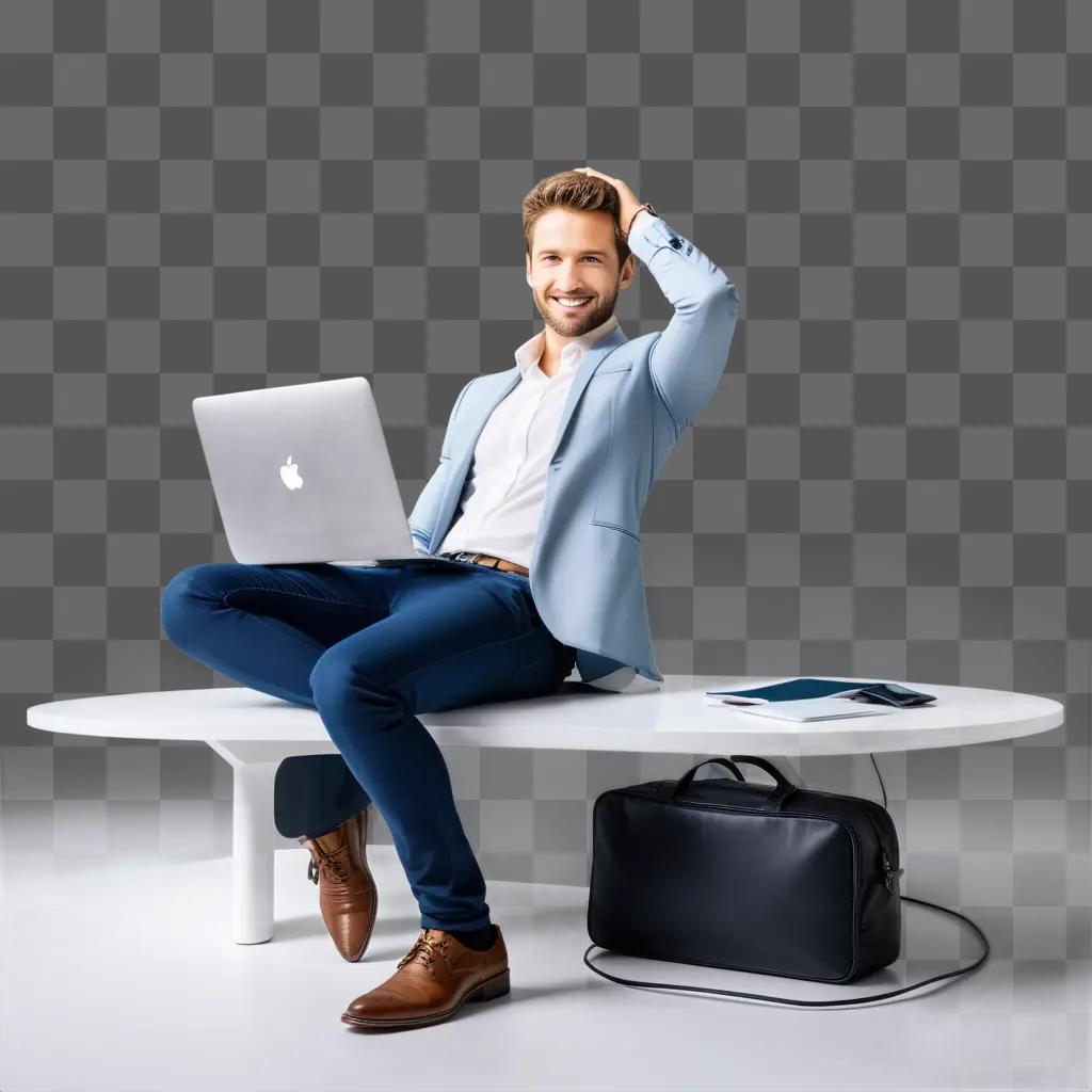 man in a blue jacket sits on a desk with a laptop and a bag