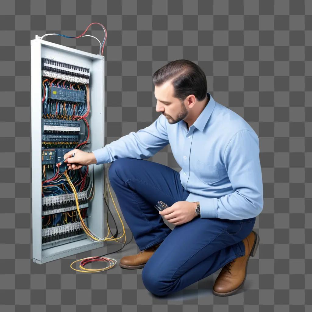 man in a blue shirt and jeans works on electrical wiring